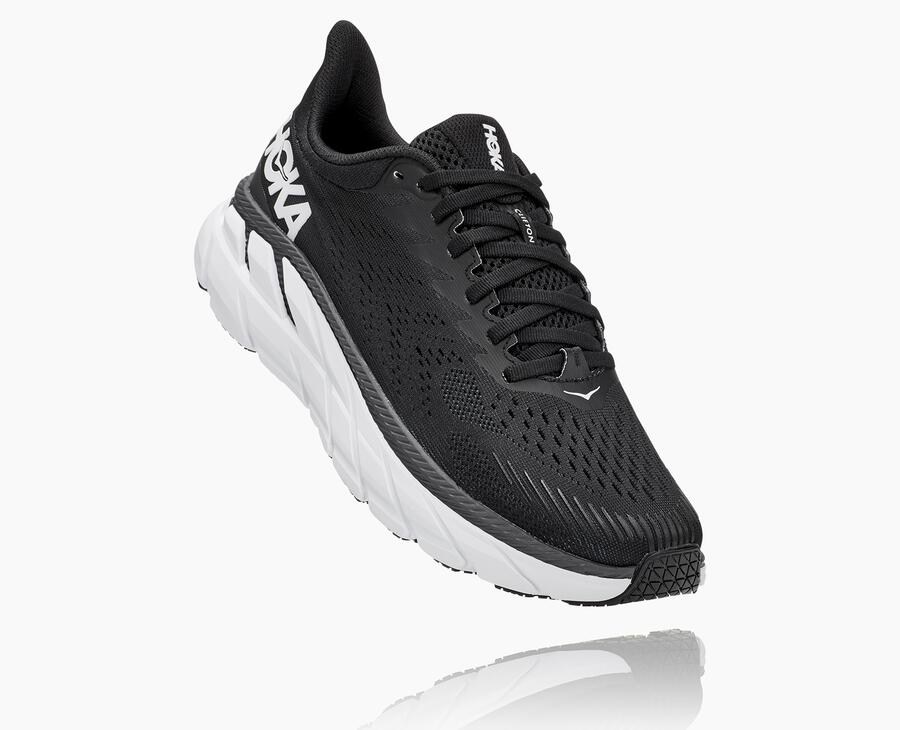 Hoka Womens Running Shoes NZ - Hoka Clifton 7 Black/White (OVU290157)